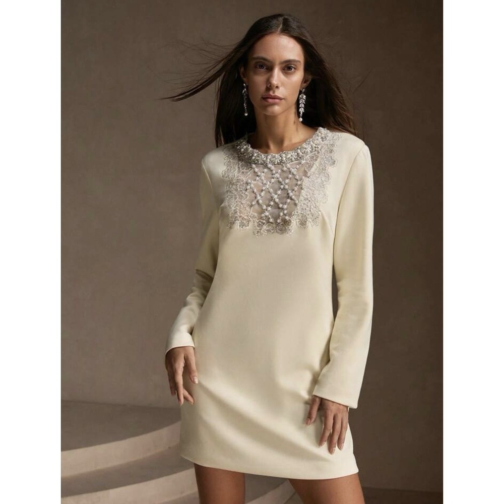 Anewsta Women Mini Dress Large Apricot Beaded Evening Formal Wedding Long Sleeve